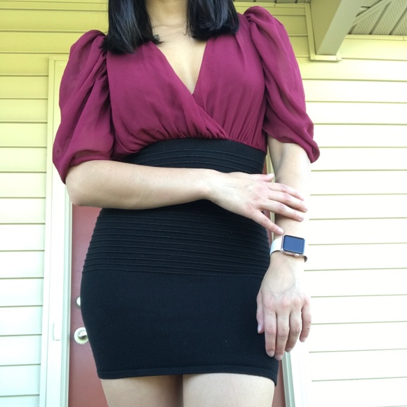 Burgundy Black Bandage Dress - Picture 2 of 5